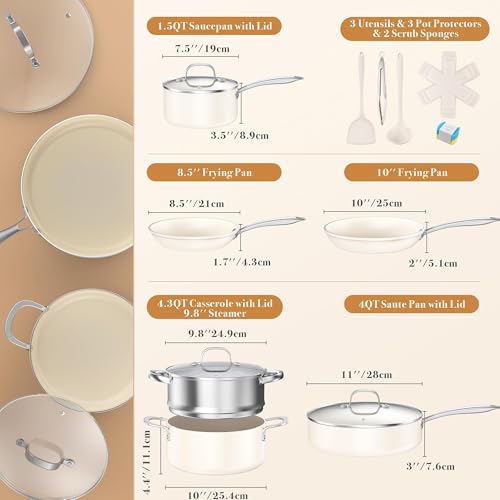 PekGema Ceramic Pots and Pans Set, 16 Pcs Cookware Set Non Toxic, Nonstick Kitchen Cookware, Oven Safe Cooking Pan Set, PFAS PTFE PFOA FREE,Compatible with All Cooktops, comfortable handle.Cream White
