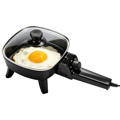 I-Keukenn 7" Electric Skillet with Lid, Non-Stick Ceramic Electric Frying Pan, 600W Single-Serve Grill with Adjustable Temperature Control for Pancakes, Eggs & Sausage