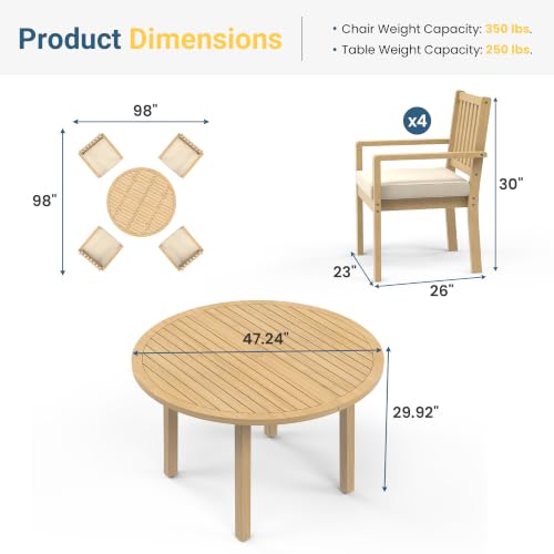 Wisteria Lane 5-Pieces Acacia Patio Table and Chairs Set for 4, Outdoor Dining Set with Table, Modern Patio Table Set with Cushion, Patio Furniture Set for Backyard Deck Garden Porch, Brown