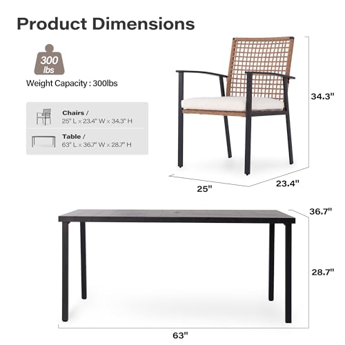 LAUSAINT HOME 7 Pieces Patio Dining Set, Outdoor Furniture Set of 6 Chairs with Soft Cushion and Iron Slats Table Top with Umbrella Hole, Conversation Set for Backyard, Garden and Poolside