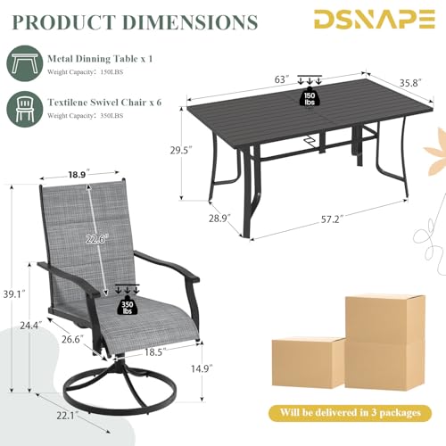 DSNAPE 7 Pieces Patio Table and Chairs Set, 63" Metal Dining Table with Umbrella Hole, 6 High Back Textilene Swivel Chairs, Dining Table Set for 6, Outdoor Furniture for Porch Deck Yard Balcony, Grey