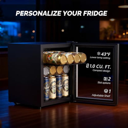 ROVSUN 46 Cans/1.0 Cu.Ft. Beverage Refrigerator Cooler, Countertop Small Fridge with Double Layer Glass Door & Adjustable Shelf for Bedroom Home, Quiet Mini Fridge for Soda Wine Beer, 43-64°F, Black