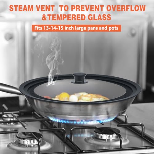 13-14-15 in Universal Lid for Oversized Pots, Pans and Skillets, Extra Large Pot Lid Tempered Glass Lid with Heat-Resistant Silicone Edge, Cookware Lids, Replacement Frying Pan Cover, Black