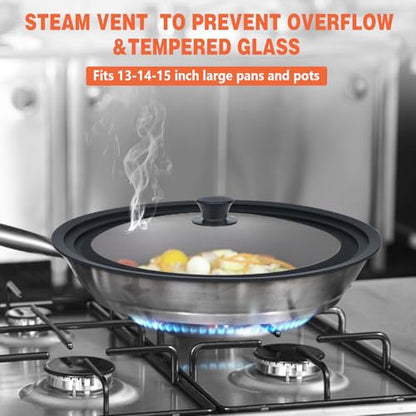 13-14-15 in Universal Lid for Oversized Pots, Pans and Skillets, Extra Large Pot Lid Tempered Glass Lid with Heat-Resistant Silicone Edge, Cookware Lids, Replacement Frying Pan Cover, Black