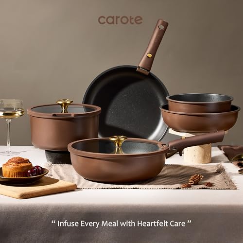 CAROTE 21pcs Pots and Pans Set, Nonstick Cookware Set Detachable Handle, Induction Kitchen Cookware Sets Non Stick with Removable Handle, RV Cookware Set, Oven Safe, Brown