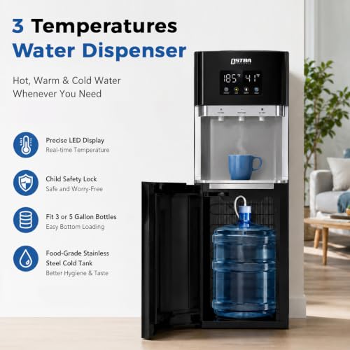 OSTBA Bottom Loading Water Cooler Dispenser for 3 & 5 Gallon Bottles, Hot, Cold & Room Water, LED Display, Child Safety Lock, Stainless Steel Tank Water Dispenserfor Home & Office