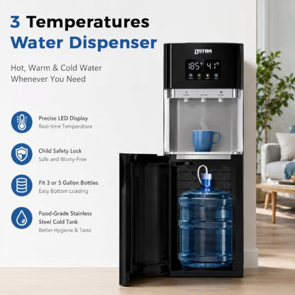 OSTBA Bottom Loading Water Cooler Dispenser for 3 & 5 Gallon Bottles, Hot, Cold & Room Water, LED Display, Child Safety Lock, Stainless Steel Tank Water Dispenserfor Home & Office