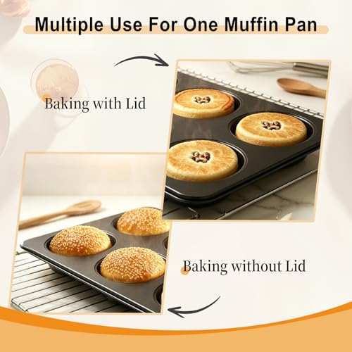 Elesinsoz 6 Cup Straight Side Jumbo English Muffin Cupcake Pan with Lid, Nonstick Hamburger Burger Bun Mold Muffin Pan for Baking Egg Sandwich Frittata Cinnamon Roll Focaccia Quiche Pancake