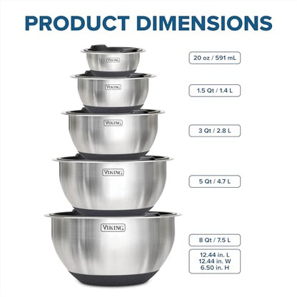 Viking Mixing Bowls Set, 10 Piece Stainless Steel Kitchen Cookware, Non-Slip Silicone Base, Includes Tight Fit Lids, Dishwasher Safe, Black