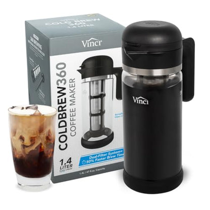 VINCI Cold Brew 360 Glass Coffee Maker – Patented Dual Filter Technology for Faster Brewing – Iced Coffee Pitcher (1.4 Liter / 47 oz)