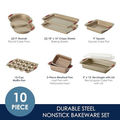 Rachael Ray Cucina Nonstick Bakeware Set Baking Cookie Sheets Cake Muffin Bread Pan, 10 Piece, Latte Brown with Cranberry Red Grips