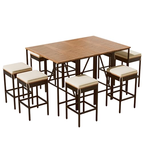 Polibi 10-Piece Large Wicker Bar Set - Extendable Table & 8 Stools, Outdoor Entertaining Furniture, Brown
