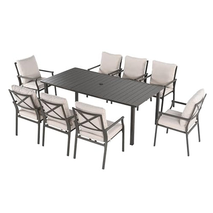 HAPPATIO Patio Dining Set, Metal Outdoor Table and Chairs Set for 8, Powder-Coated Metal Chairs with Thickened Cushions, 60" Rectangular Table with 1.5" Umbrella Hole for Deck Yard Lawn