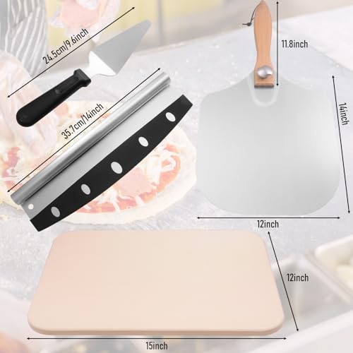 15x12" Pizza Stone For Oven & Grill - 12" Aluminum Pizza Peel - Pizza Cutter & Mini Pizza Spatula Set - Perfect For Baking Homemade Pizza, Bread & Pastry