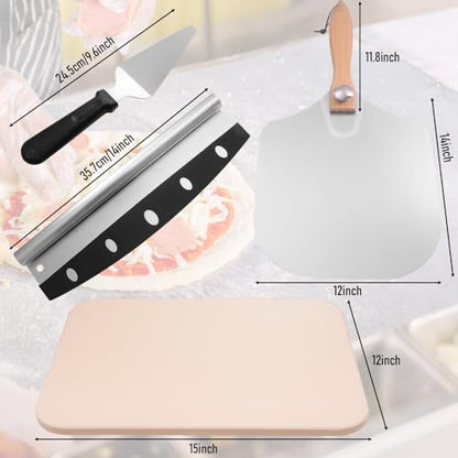 15x12" Pizza Stone For Oven & Grill - 12" Aluminum Pizza Peel - Pizza Cutter & Mini Pizza Spatula Set - Perfect For Baking Homemade Pizza, Bread & Pastry