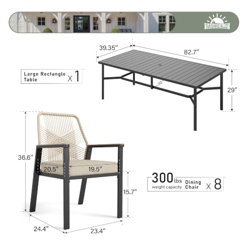 SUNSHINE VALLEY 9pc Patio Dining Set, 83" Metal Table & 8 Rattan Chairs