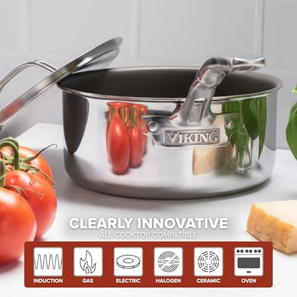 Viking PureGlide Pro 3-Ply Nonstick Sauce Pan, Made without PFAS, 3-Quart Induction Cooking Pot with Lid, Metal Utensil Safe Titanium Nonstick Surface, Oven Safe to 600F