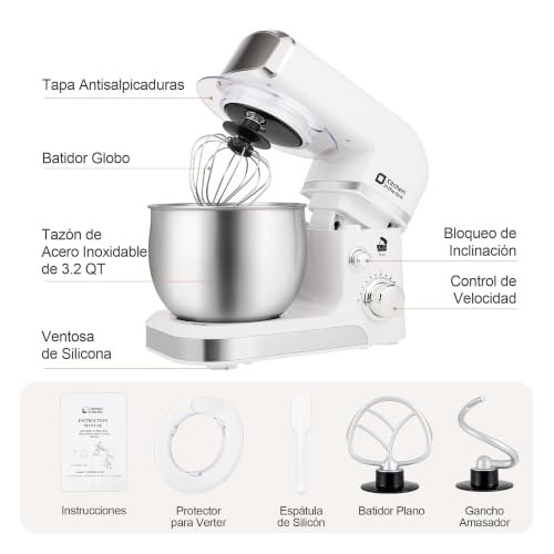 Kitchen in the box Stand Mixer,3.2Qt Mini Electric Food Mixer,6 Speeds Portable Lightweight Kitchen Mixer for Daily Use with Egg Whisk,Dough Hook,Flat Beater (White)