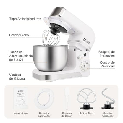 Kitchen in the box Stand Mixer,3.2Qt Mini Electric Food Mixer,6 Speeds Portable Lightweight Kitchen Mixer for Daily Use with Egg Whisk,Dough Hook,Flat Beater (White)