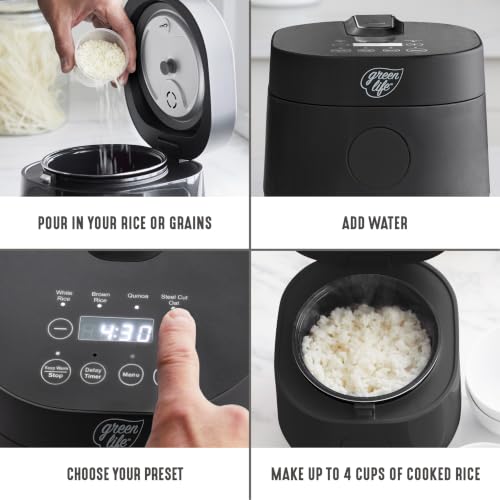 GreenLife Rice Cooker Digital 4-Cup (Cooked), Keep Warm, 4 Presets, Black
