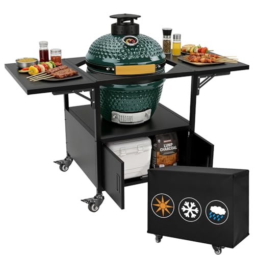 Outdoor Big Green Egg Grill Cart,Egg BBQ Grill with Dustproof Cover, 3-Duty Storage, 2 Sided Prep Table, 530Lbs&Heavy Duty Metal, Outside-in Easy assembly, Compatible with Big Green Egg,Kamado Joe