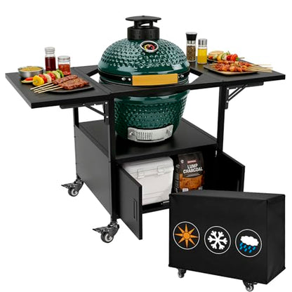 Outdoor Big Green Egg Grill Cart,Egg BBQ Grill with Dustproof Cover, 3-Duty Storage, 2 Sided Prep Table, 530Lbs&Heavy Duty Metal, Outside-in Easy assembly, Compatible with Big Green Egg,Kamado Joe