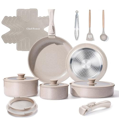 Chef Power Ceramic Nonstick Pots and Pans Set 19 Piece with Detachable Handle, Induction Dishwasher Oven Safe Cookware Set, RV Kitchen Set Removable Handle, Mocca Taupe