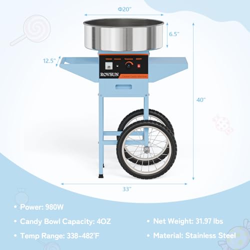 ROVSUN 21 Inch Cotton Candy Machine Cart, Commercial Cotton Candy Maker Machine Candy Floss Machine w/Stainless Steel Bowl, Sugar Scoop and Large Storage Drawer for Home Party Carnival, Blue