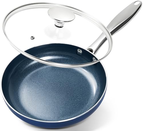 MICHELANGELO Small Frying Pan - 8 Inch Nonstick Frying Pan with Lid, Non-Toxic Omelette Pan with Stainless Handle, Nonstick Skillet, Blue-Ceramic