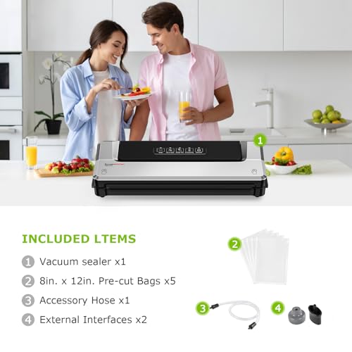 Bonsenkitchen Vacuum Sealer Machine | Compact Food Sealer for Kitchen Storage & Meal Prep | Multiple Modes | External Vacuum System | 5 Bags, Silver