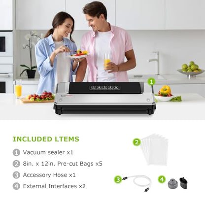 Bonsenkitchen Vacuum Sealer Machine | Compact Food Sealer for Kitchen Storage & Meal Prep | Multiple Modes | External Vacuum System | 5 Bags, Silver