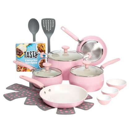 Tasty Clean Ceramic Non-Stick Aluminum Cookware Set, Tempered Glass Lid, Dishwasher Safe, 16-Piece, Pink