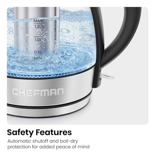 CHEFMAN Electric Kettle - 1.2L 1500W Hot Water Tea Pot with Infuser, BPA Free, Auto Shut Off, Boil-Dry Protection, Removable Lid, LED Light, Cordless Glass Electric Tea Kettle – Stainless Steel
