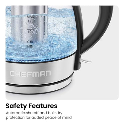 CHEFMAN Electric Kettle - 1.2L 1500W Hot Water Tea Pot with Infuser, BPA Free, Auto Shut Off, Boil-Dry Protection, Removable Lid, LED Light, Cordless Glass Electric Tea Kettle – Stainless Steel