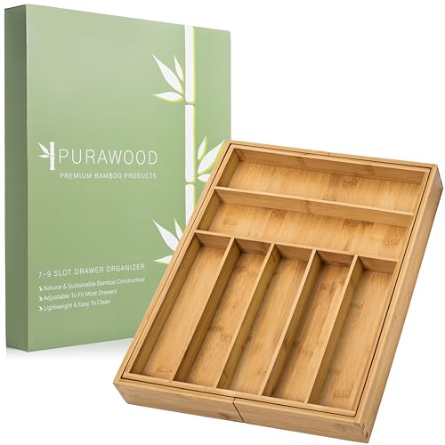 Purawood - Large Premium Bamboo Silverware Organizer - Expandable Kitchen Drawer & Utensil Organizer, 17" x 19.75" Cutlery Tray with Drawer Dividers for Kitchen Flatware (7-9 Slots) (Natural)