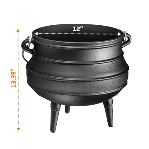 Bruntmor 12 Quart Cast Iron Dutch Oven Cauldron Pot - Camping Cookware with Lid - Pre-Seasoned Heavy-Duty Potjie for Stews, Soups, Braising, and Frying Over Fire Pit Grill or Camp Stove - Black