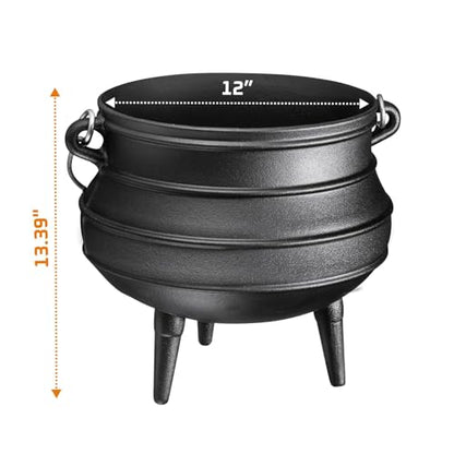 Bruntmor 12 Quart Cast Iron Dutch Oven Cauldron Pot - Camping Cookware with Lid - Pre-Seasoned Heavy-Duty Potjie for Stews, Soups, Braising, and Frying Over Fire Pit Grill or Camp Stove - Black