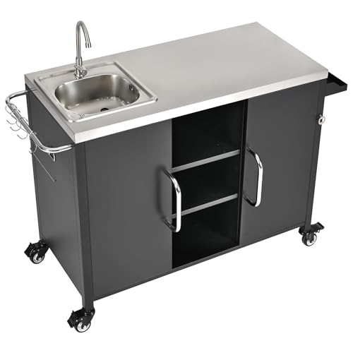JIJIWANG 55.5" Outdoor Kitchen Island with Stainless Steel Sink, Outdoor Bar Cart Sink Station with 4 Lockable Wheel for Pizza Prep & BBQ Black