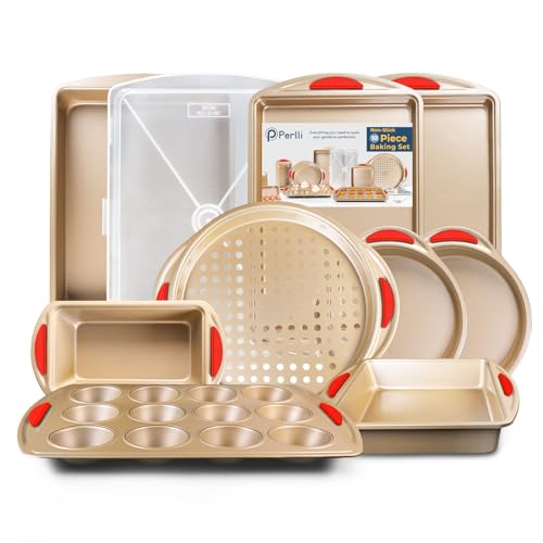 Perlli 10 Piece Baking Set - Nonstick Gold Steel Oven Bakeware With Silicone Handles, Cookie Sheets, Round Cake Pans, 9x13 Pan With Lid, Loaf Pan, Deep Pan, Pizza Crisper, Muffin Pan