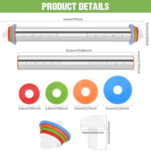 Rolling Pin with Adjustable Thickness Rings and Silicone Baking Pastry Mat Set for Baking,Stainless Steel Dough Roller,Baking Supplies for Cookie Fondant Pizza Cake Pasta(Red)