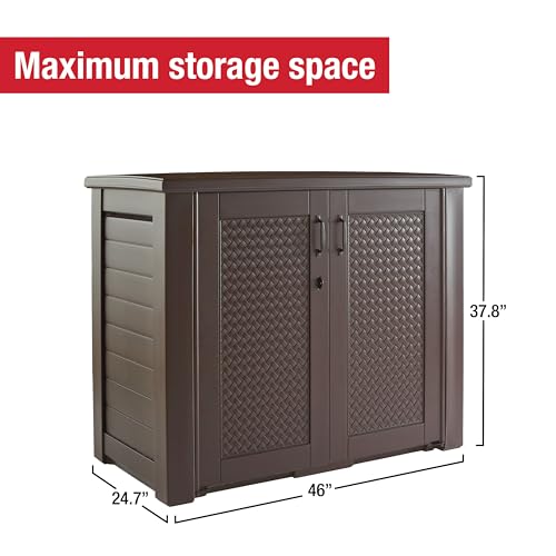 Rubbermaid Decorative Outdoor Storage Cabinet (123 Gal), Weather Resistant, Brown, Organization for Home/Backyard/Pool Chemicals/Toys/Garden Tools/Porch/Patio Cushions