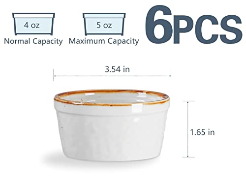 ONEMORE Ramekins 4 oz, Oven Safe Creme Brulee Ramekin Set of 6 for Baking, Speckled Ceramic Souffle Dishes with Brown Rim for Pudding Ice Cream, Porcelain Custard Cups Mini Bowls - Creamy White