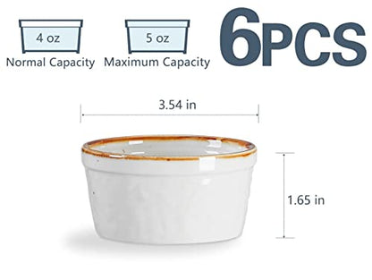 ONEMORE Ramekins 4 oz, Oven Safe Creme Brulee Ramekin Set of 6 for Baking, Speckled Ceramic Souffle Dishes with Brown Rim for Pudding Ice Cream, Porcelain Custard Cups Mini Bowls - Creamy White