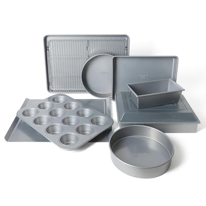 Calphalon Titan 10-Piece Nonstick Bakeware Set, Baking Sheet Set, Steel Core PFA-Free Nonstick Coating, Oven Safe, Includes Sheet Pans, Muffin Pan, Round Cake Pans, Loaf Pan and Cooling Rack - Silver