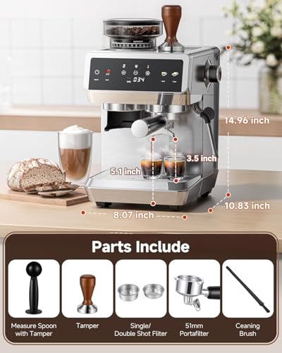 AMZCHEF Espresso Machine With Grinder, 190℉-201℉ Temp Control Coffee machine with 44 Grind Setting, Milk Frother, Touch Screen, Cold Brew, Sliver
