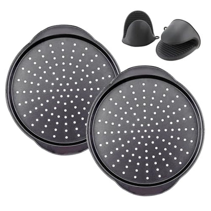 Arimagroup 2 Pack 13 Inch Pizza Pan for Oven,Round Carbon Steel Pizza Pan with Holes, Pizza Tray with 2 Silicone Gloves，for Baking, Grilling
