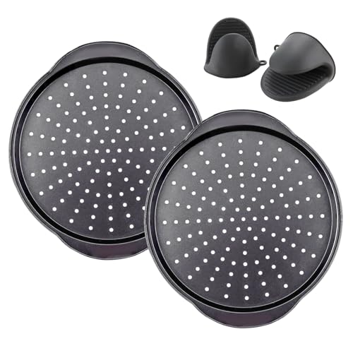 Arimagroup 2 Pack 13 Inch Pizza Pan for Oven,Round Carbon Steel Pizza Pan with Holes, Pizza Tray with 2 Silicone Gloves，for Baking, Grilling