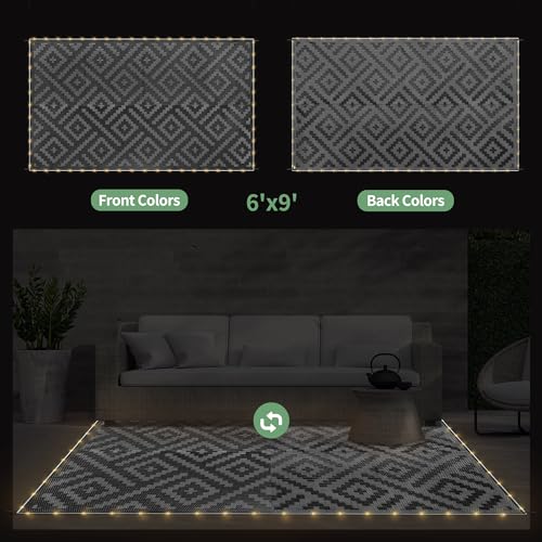 GENIMO Outdoor Rug with LED Strip Lights, 6'x9' Waterproof Camping Mat, Reversible Plastic Straw Rugs for Patio, RV, Camper, Balcony, Backyard, Picnic, Deck, Black & Gray