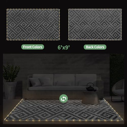 GENIMO Outdoor Rug with LED Strip Lights, 6'x9' Waterproof Camping Mat, Reversible Plastic Straw Rugs for Patio, RV, Camper, Balcony, Backyard, Picnic, Deck, Black & Gray