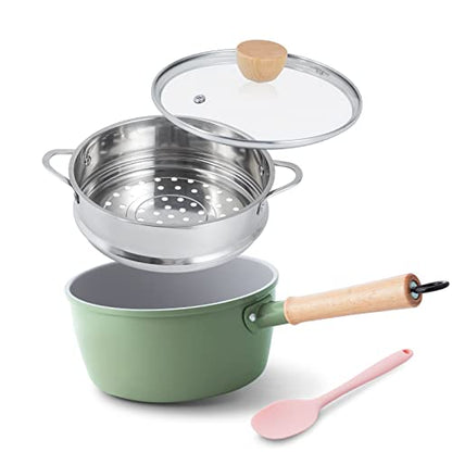 ROCKURWOK Ceramic Nonstick Sauce Pan with Lid, 2 Quart Cooking Pot, Small Saucepan with Steamer, PTFE& PFAS-Free, Wooden Handle for Cool Touch, Universal Base(Gas, Electric & Induction), Green
